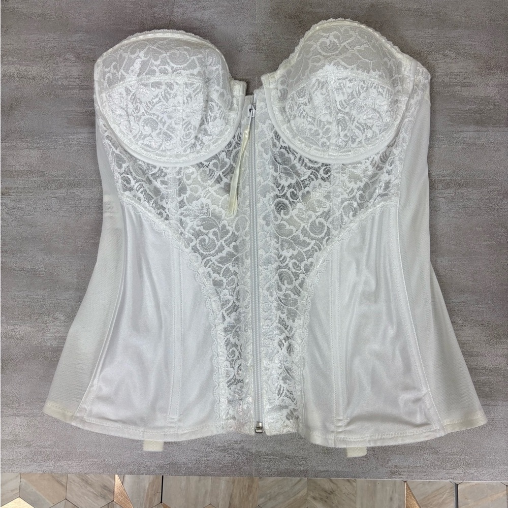 Vintage White Lace Front Zipper Corset Bra Low Back and Boning